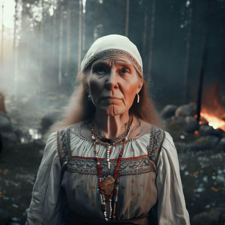 Kalevala-tyylisessä kuvassa iäkäs nainen metsän kulotuksessa